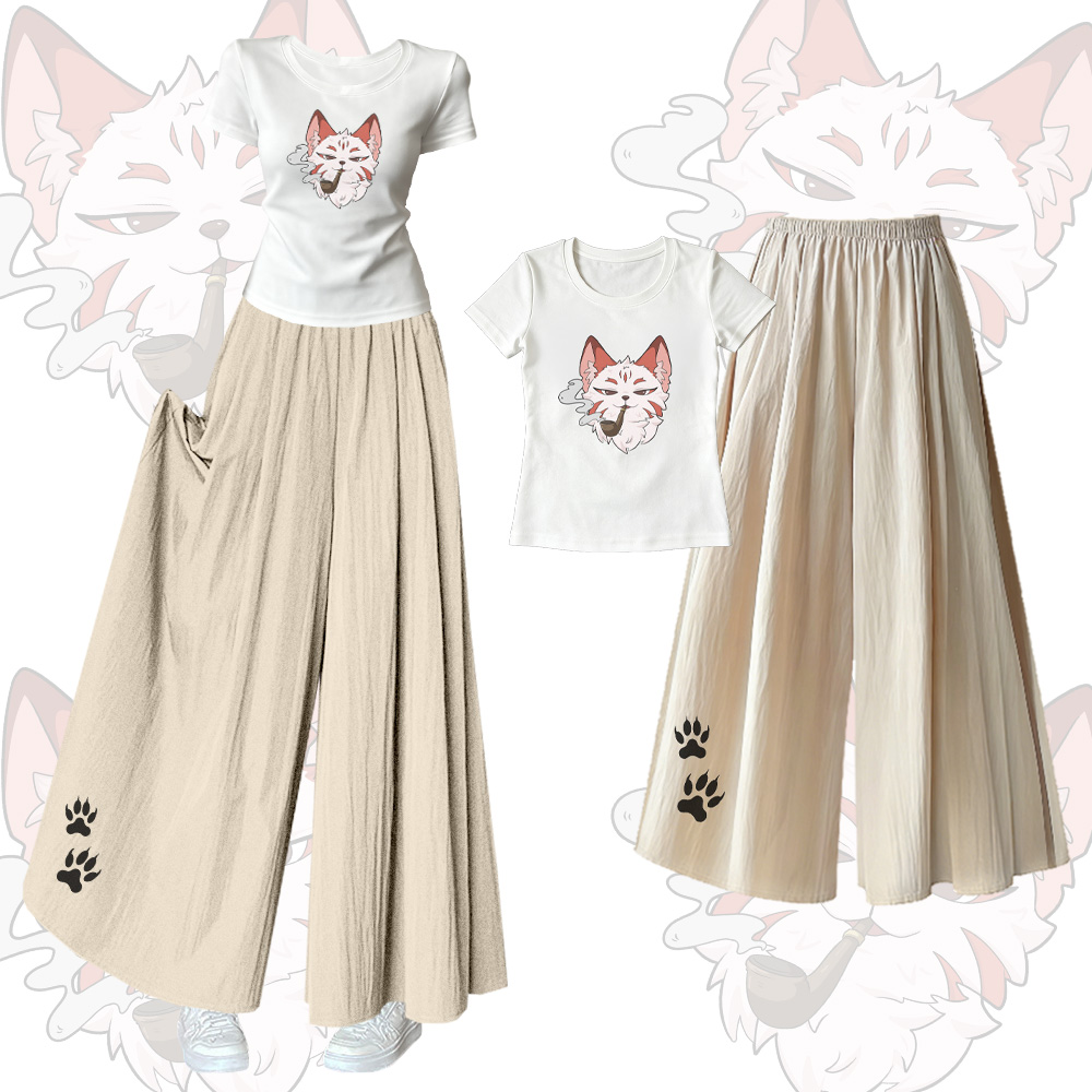Smoking Fox Grafik-T-Shirt mit U-Ausschnitt, weite Hose, Modakawa passendes Outfit - Set A - XL - image 1
