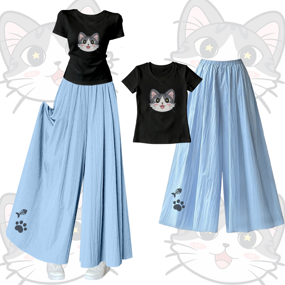 Modakawa-Outfit mit Katzenmotiv, U-Ausschnitt-T-Shirt und weitem Bein - Set A - XL - image 1