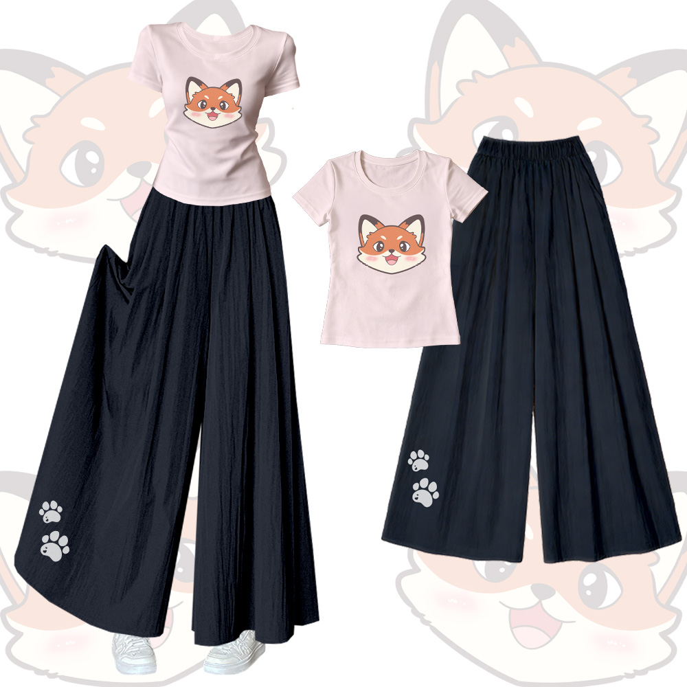 Fox Graphic U-Neck T-Shirt, weite Hose, Modakawa passendes Outfit - Set B - XL - image 2
