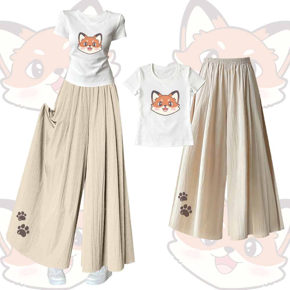 Fox Graphic U-Neck T-Shirt, weite Hose, Modakawa passendes Outfit - Set A - XL - image 1