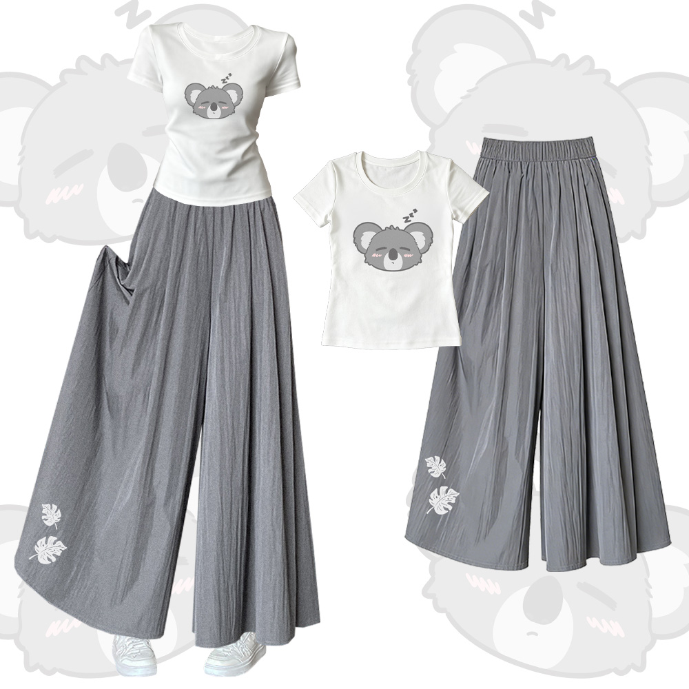 Koala-Grafik-T-Shirt mit U-Ausschnitt, weite Hose, passendes Outfit von Modakawa - Set A - XL - image 1
