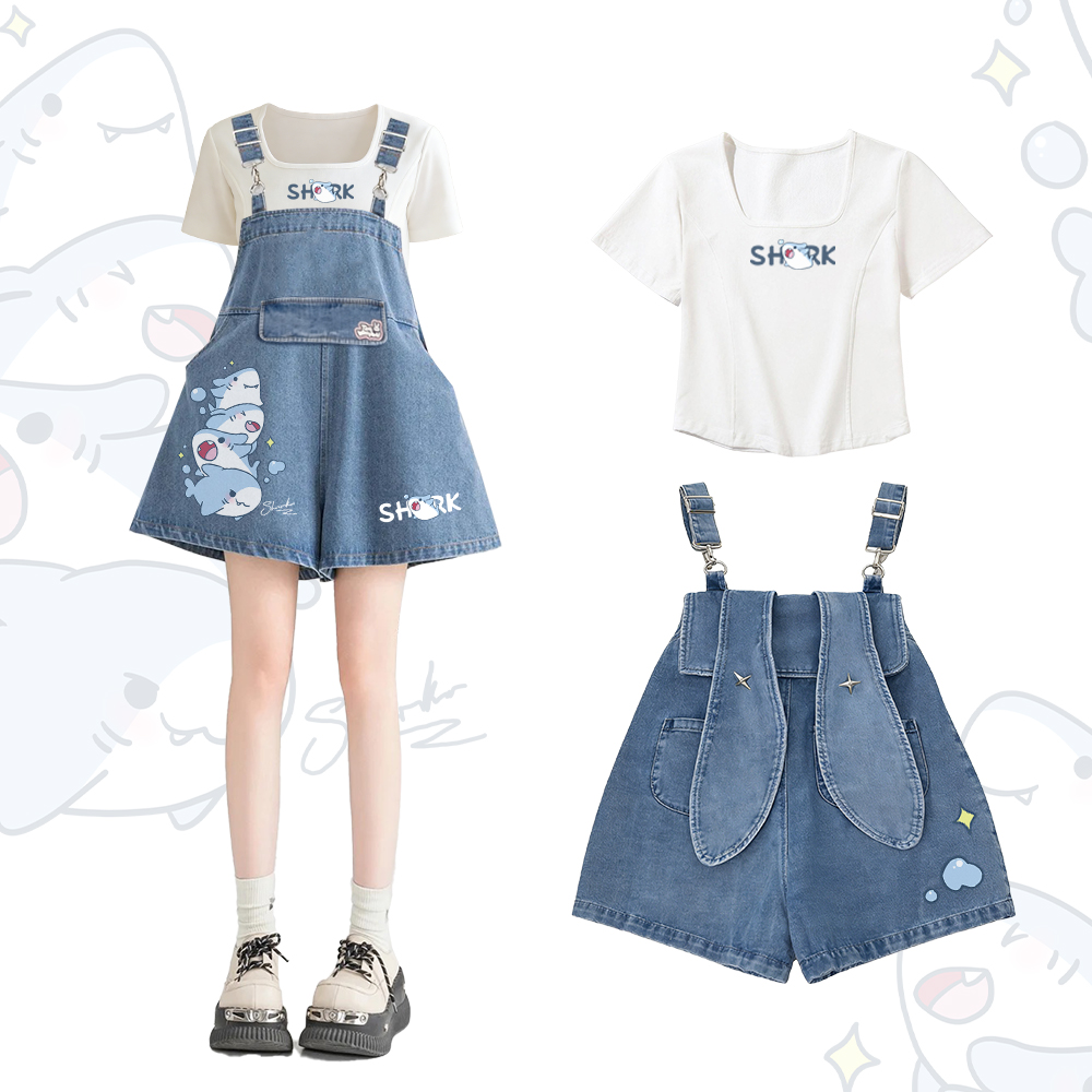 Zweiteiliges Set von Modakawa: Hai-Grafik-T-Shirt mit eckigem Ausschnitt, Jeans-Latzhose mit Hasenohren - Set A - 2XL - image 1