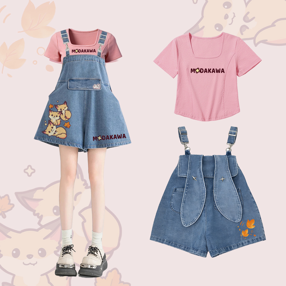 Zweiteiliges Set von Modakawa: Fuchs-Grafik-T-Shirt mit eckigem Ausschnitt, Jeans-Latzhose mit Hasenohren - Set A - 2XL - image 1