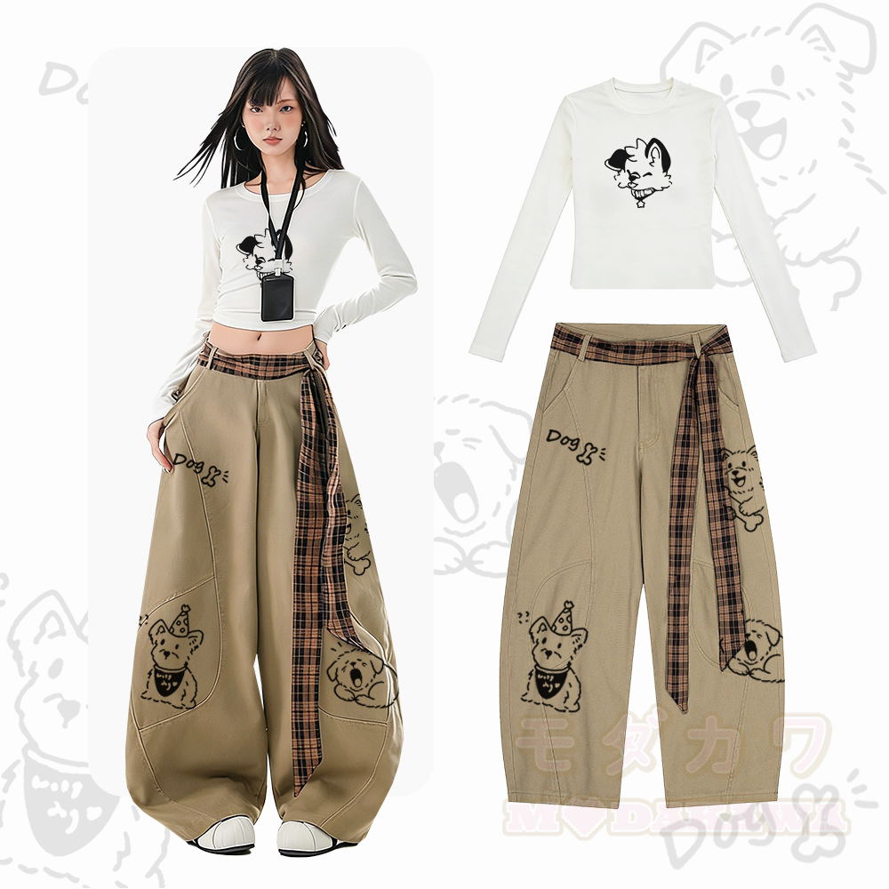 MODAKAWA X popipeko Puppy Graphic Fitted Long Sleeve Base Layer Top Retro Loose Wide-Leg Denim Pants Two Pieces Set - Satz B - XL - image 2
