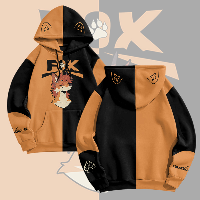 MODAKAWA X pandashk Fox Graphic Pullover Hoodie - Black & Orange - 6XL - image 1