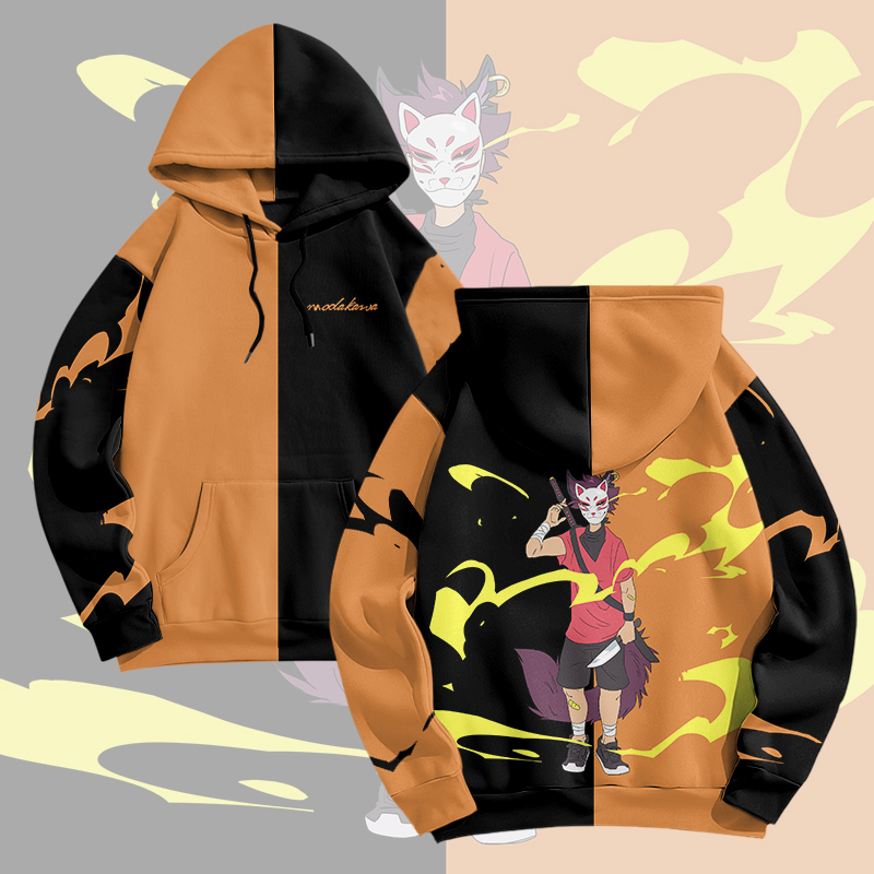 MODAKAWA X pandashk Cartoon Character Graphic Pullover Hoodie - Black & Orange - 6XL - image 1