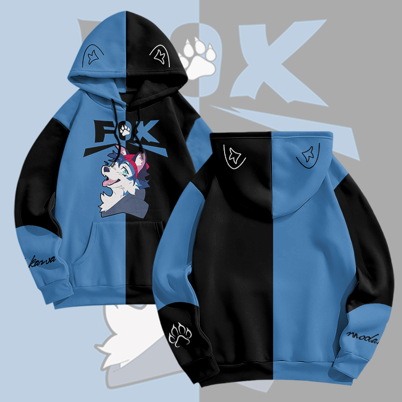 MODAKAWA X pandashk Joyful Fox Graphic Pullover Hoodie - Blue & Black - 6XL - image 1