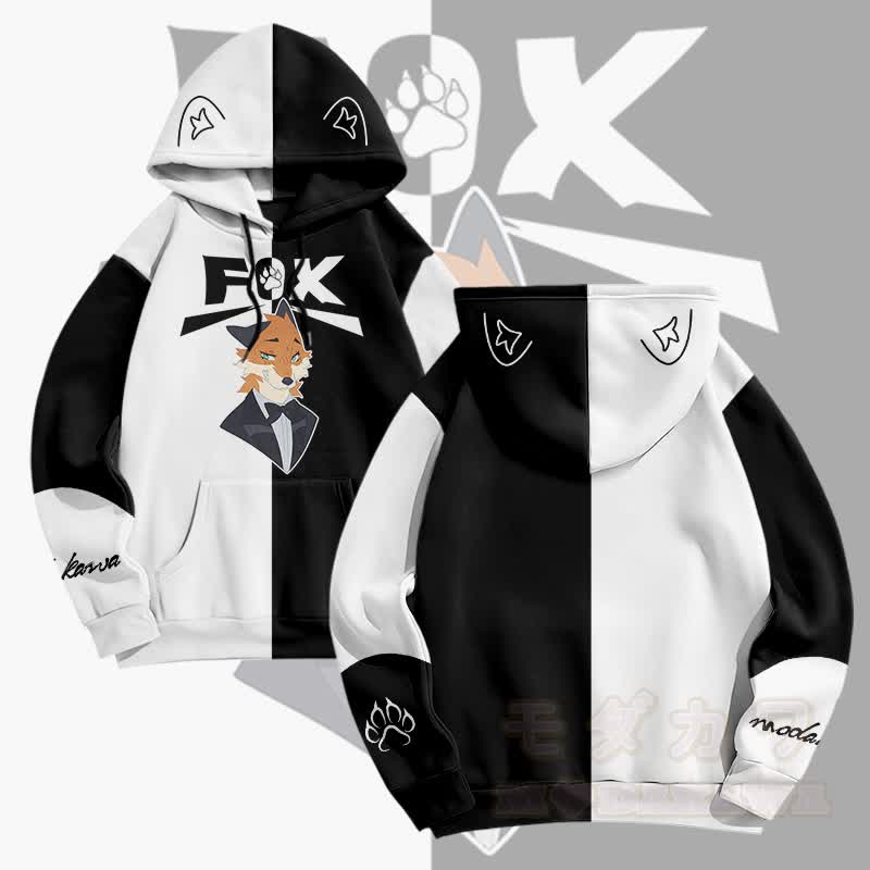 MODAKAWA X pandashk Anzug Fuchs Grafik Pullover Hoodie - Schwarzweiß - 6XL - image 3