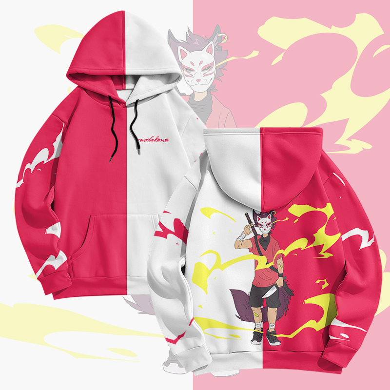 MODAKAWA X pandashk Cartoon Character Graphic Pullover Hoodie - Rose Red & White - 6XL - image 3