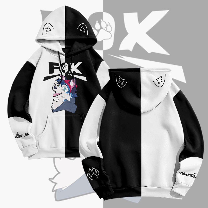 MODAKAWA X pandashk Joyful Fox Graphic Pullover Hoodie - Black & White - 6XL - image 4