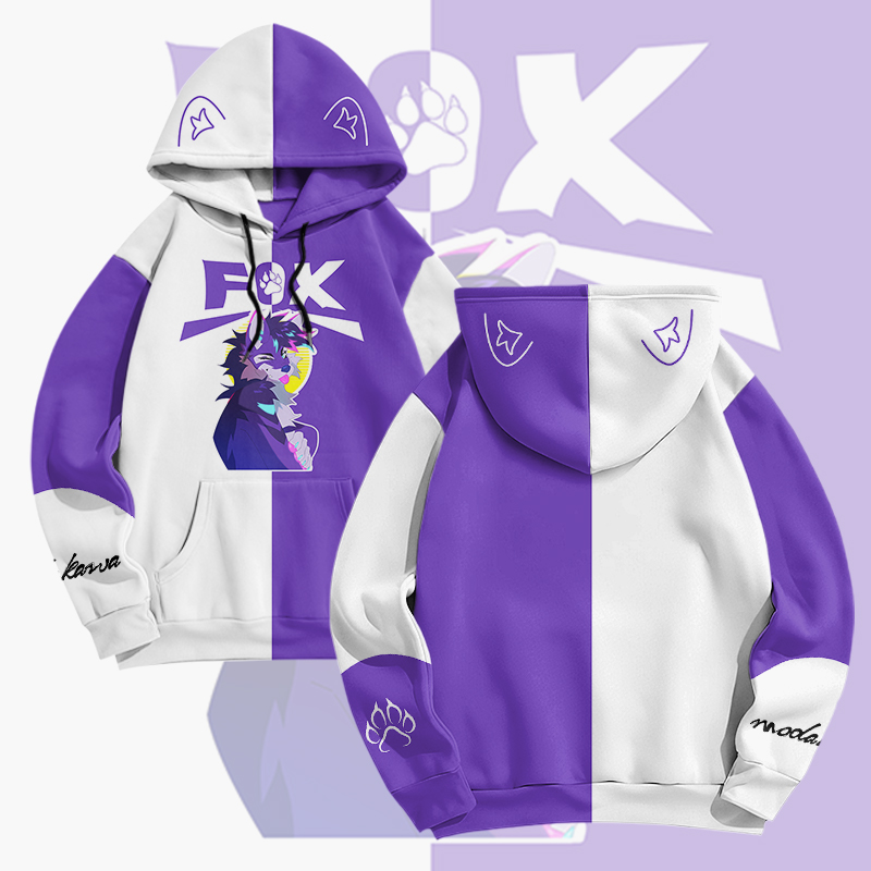 MODAKAWA X pandashk Zunge-raus-Fuchs-Grafik-Pullover-Hoodie - Purple & White - 6XL - image 4