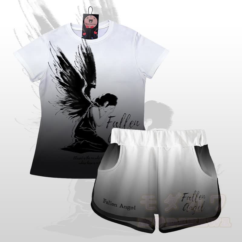 FALLEN ANGEL Grafik-Farbverlauf T-Shirt Shorts Modakawa passendes Outfit - Satz B - 5XL - image 2