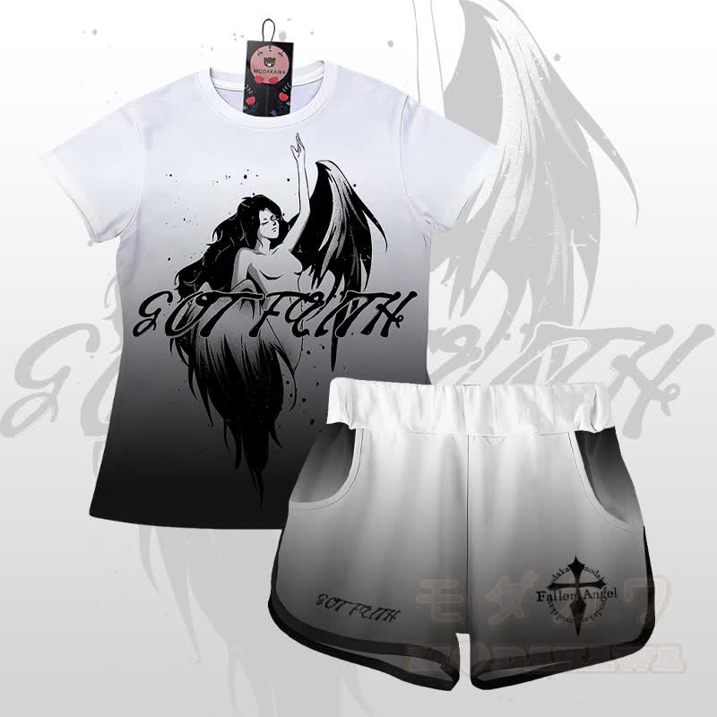 EVIL FAITH Angel Graphic Gradient T-Shirt Shorts Modakawa Matching Outfit - Satz B - 5XL - image 2