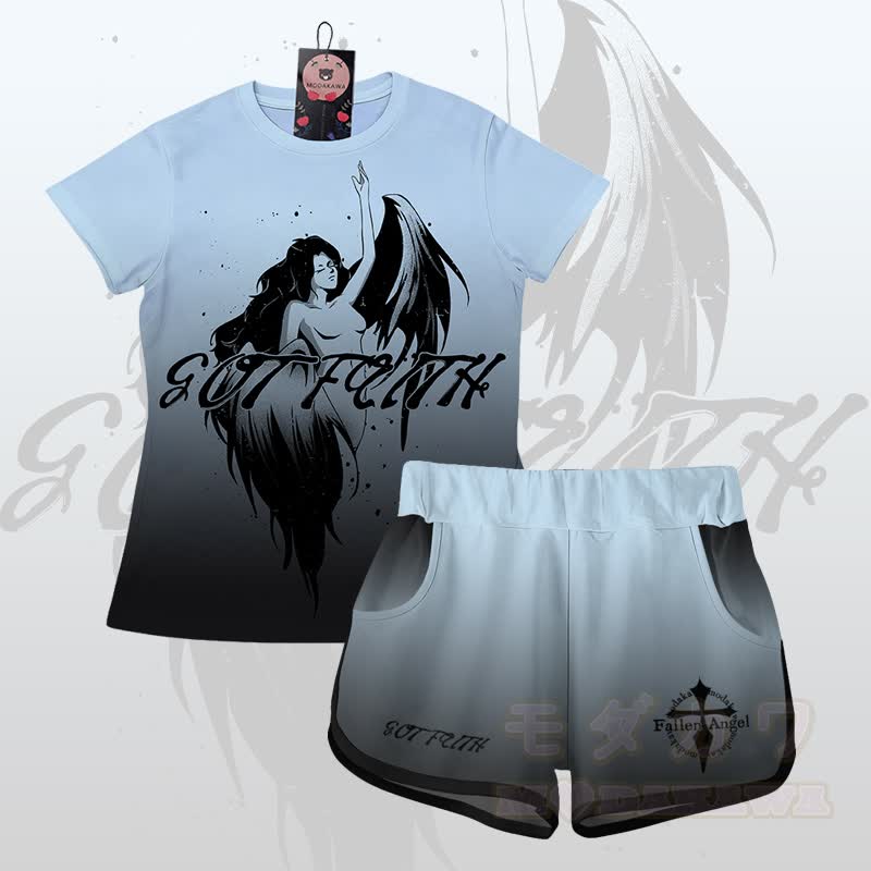 EVIL FAITH Angel Graphic Gradient T-Shirt Shorts Modakawa Matching Outfit - Satz A - 5XL - image 1