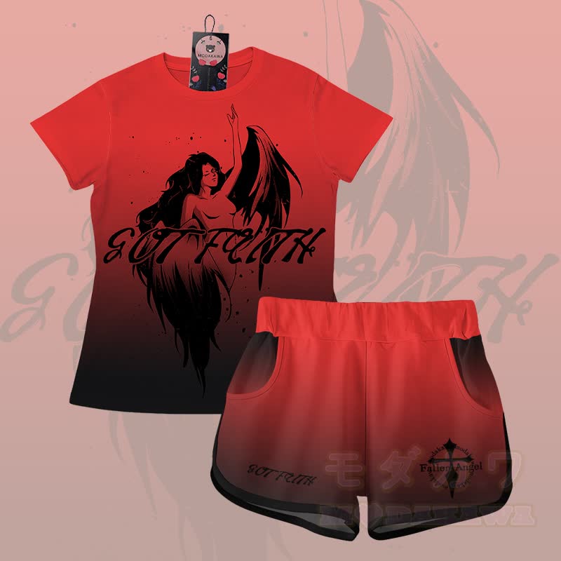 EVIL FAITH Angel Graphic Gradient T-Shirt Shorts Modakawa Matching Outfit - Satz C - 5XL - image 3