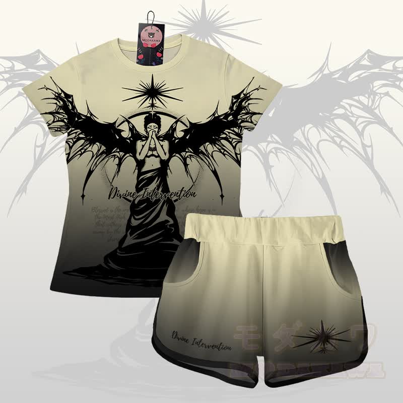 GÖTTLICHE INTERVENTION Engel Grafik Gradient T-Shirt Shorts Modakawa passendes Outfit - Satz B - 5XL - image 2