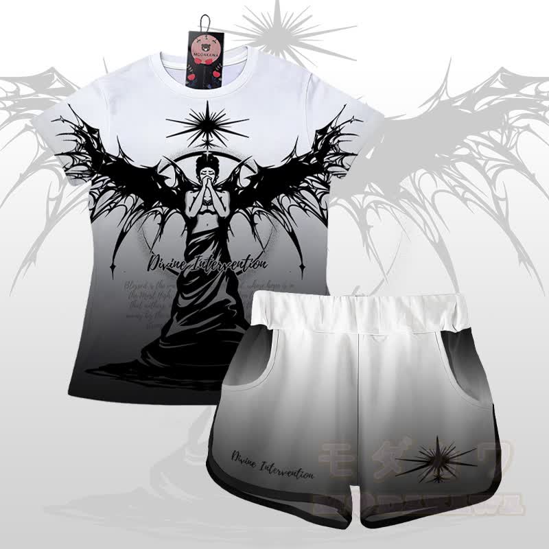 GÖTTLICHE INTERVENTION Engel Grafik Gradient T-Shirt Shorts Modakawa passendes Outfit - Satz A - 5XL - image 1