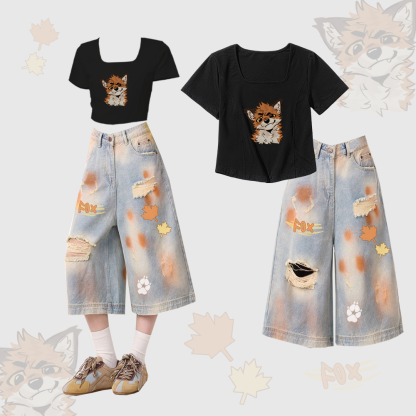 MODAKAWA X atka Fox Graphic Square Neck T-Shirt und Ripped Cropped Denim Jeans Zweiteiliges Set - Black & Blue - XL - image 1