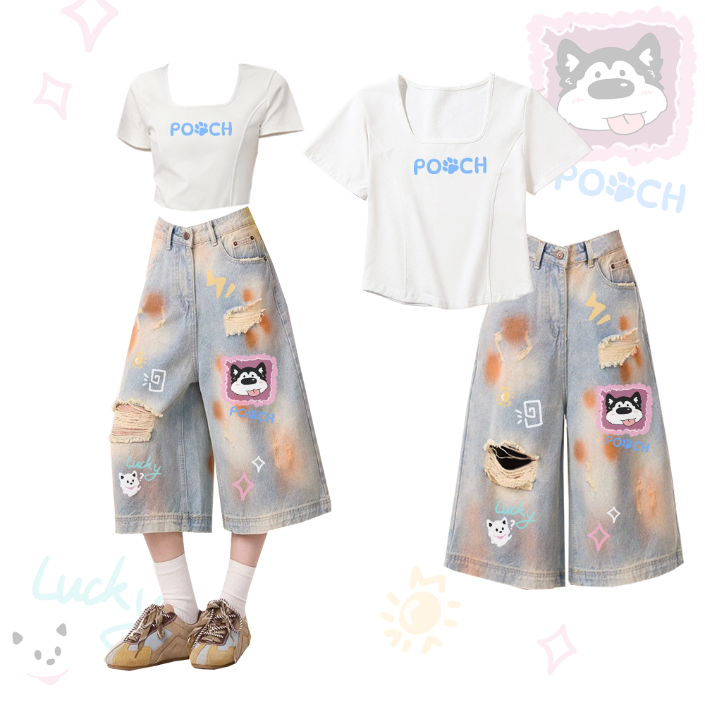 POOCH Welpen-Grafik T-Shirt mit eckigem Ausschnitt, zerrissene Cropped-Jeans, Modakawa Zweiteiler-Set - White & Blue - XL - image 1