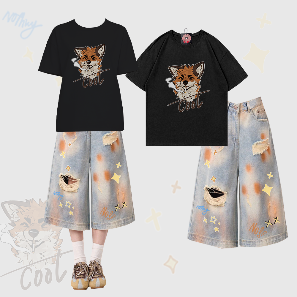 MODAKAWA X atka Smoking Fox Graphic 100% Baumwoll-T-Shirt, Ripped Cropped Denim Jeans Zweiteiler-Set - Black & Blue - XL - image 1