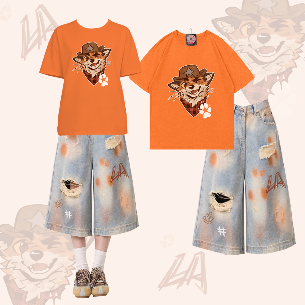 MODAKAWA X atka Fox Graphic 100% Baumwoll-T-Shirt, Ripped Cropped Denim Jeans Zweiteiler-Set - Orange & Blue - XL - image 1