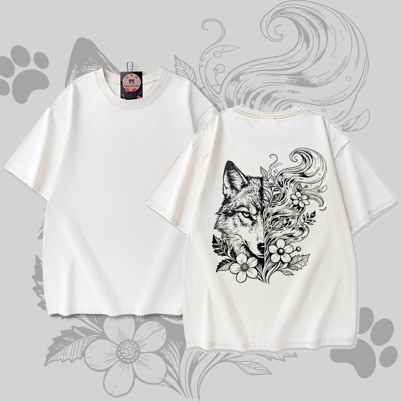 Modakawa Unisex Vintage Washed T-Shirt mit Wolfsblumenmuster - Apricot - 5XL - image 1