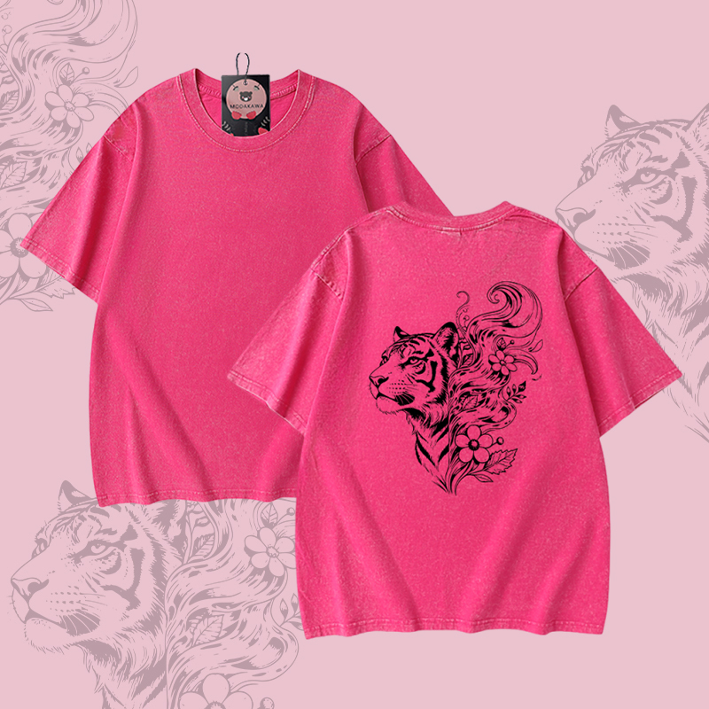 Modakawa Unisex Vintage Washed T-Shirt mit Tigerblumenmuster - Rose Red - 5XL - image 3