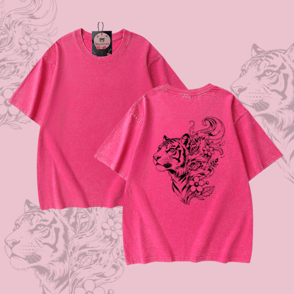 Modakawa Unisex Vintage Washed T-Shirt mit Tigerblumenmuster - Rose Red - 5XL - image 3