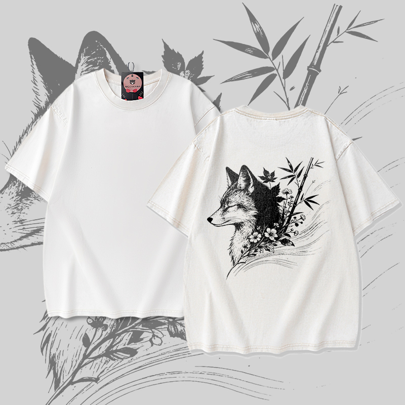 Modakawa Unisex Vintage T-Shirt mit Bambusfuchs-Motiv - Apricot - 5XL - image 1