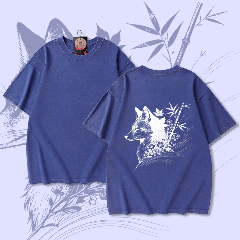 Modakawa Unisex Vintage T-Shirt mit Bambusfuchs-Motiv - Blue - 5XL - image 3