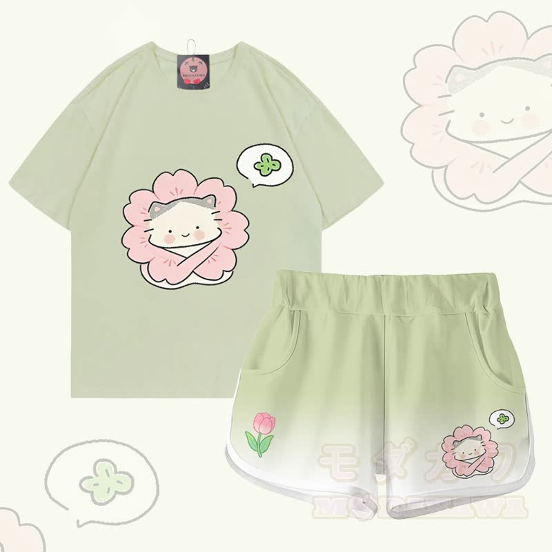 Zweiteiliges Set von Modakawa: T-Shirt aus 100 % Baumwolle mit Blumen-Katzenmotiv und Farbverlauf-Shorts - Satz B - 5XL - image 2