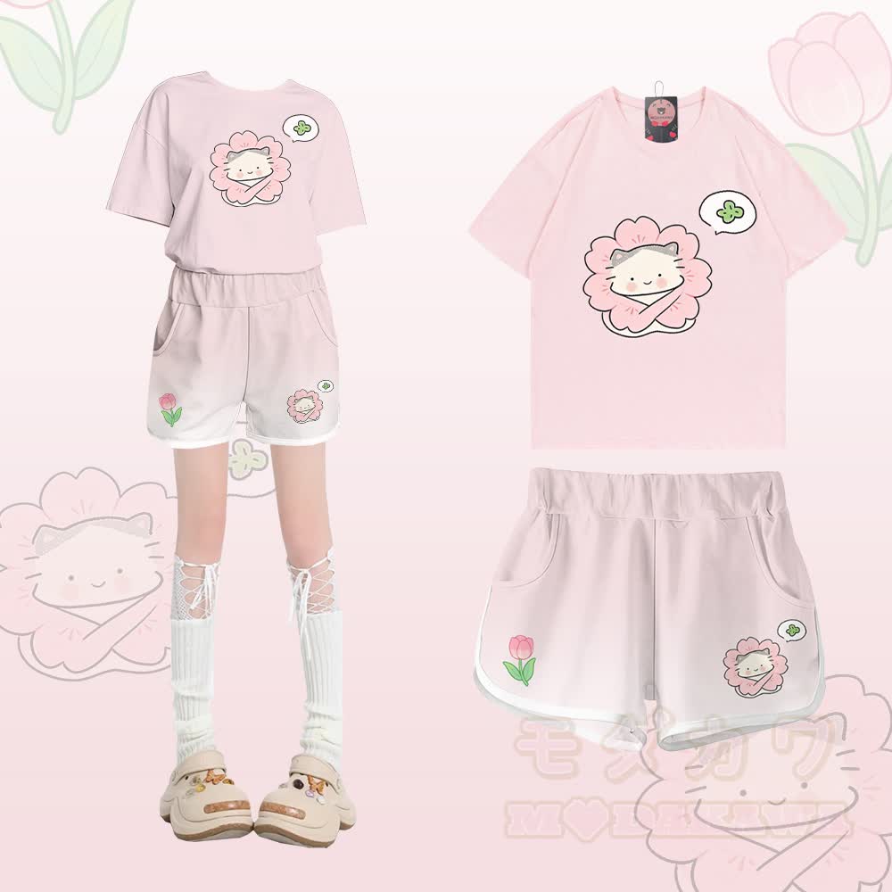Zweiteiliges Set von Modakawa: T-Shirt aus 100 % Baumwolle mit Blumen-Katzenmotiv und Farbverlauf-Shorts - Satz A - 5XL - image 1