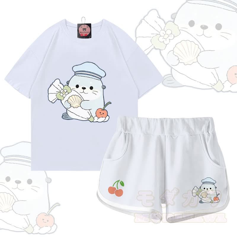 Modakawa Zweiteiler-Set: Niedliches T-Shirt mit Seehundmotiv aus 100 % Baumwolle, Shorts mit Farbverlauf - Satz C - 5XL - image 3