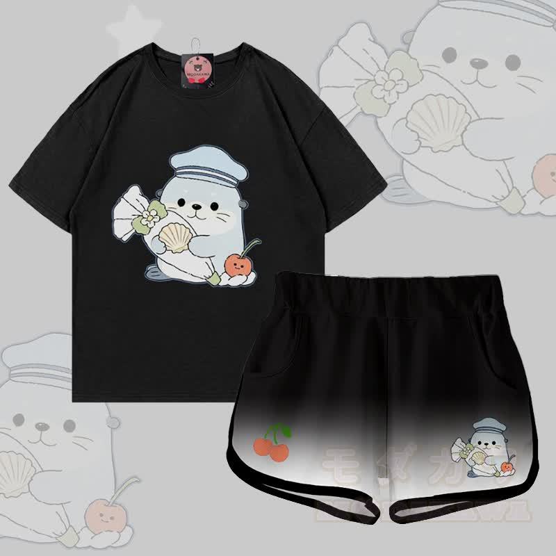 Modakawa Zweiteiler-Set: Niedliches T-Shirt mit Seehundmotiv aus 100 % Baumwolle, Shorts mit Farbverlauf - Satz B - 5XL - image 2