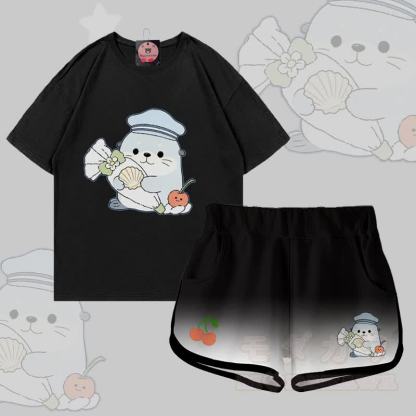 Modakawa Zweiteiler-Set: Niedliches T-Shirt mit Seehundmotiv aus 100 % Baumwolle, Shorts mit Farbverlauf - Satz B - 5XL - image 2