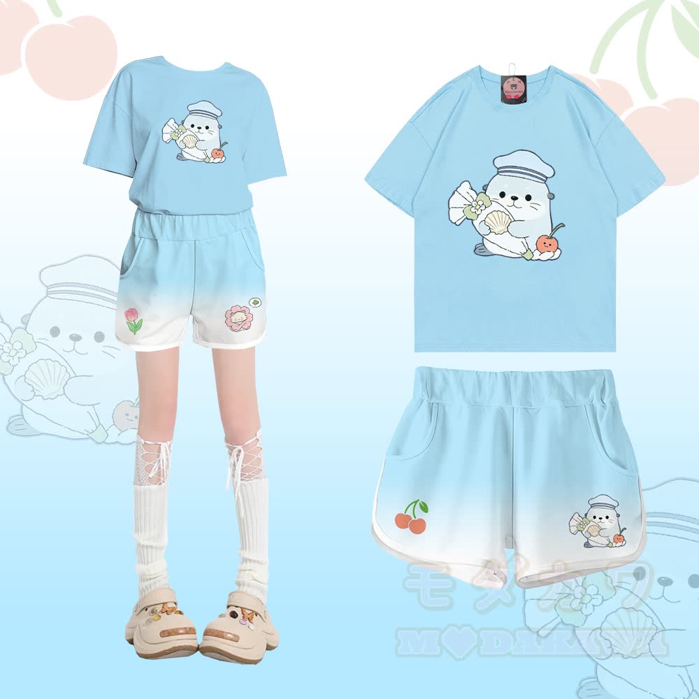 Modakawa Zweiteiler-Set: Niedliches T-Shirt mit Seehundmotiv aus 100 % Baumwolle, Shorts mit Farbverlauf - Satz A - 5XL - image 1