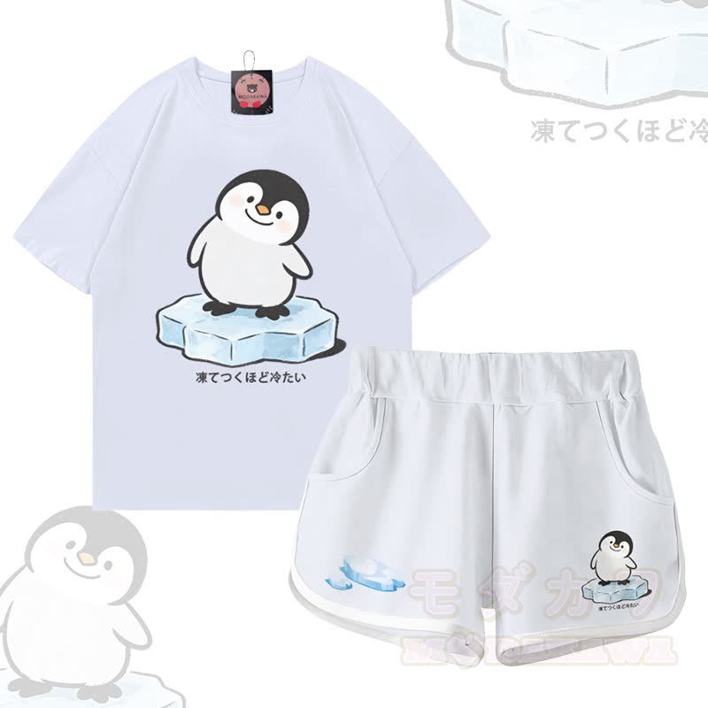Zweiteiliges Set von Modakawa: T-Shirt mit Pinguin-Motiv aus 100 % Baumwolle, Shorts mit Farbverlauf - Satz C - 5XL - image 3
