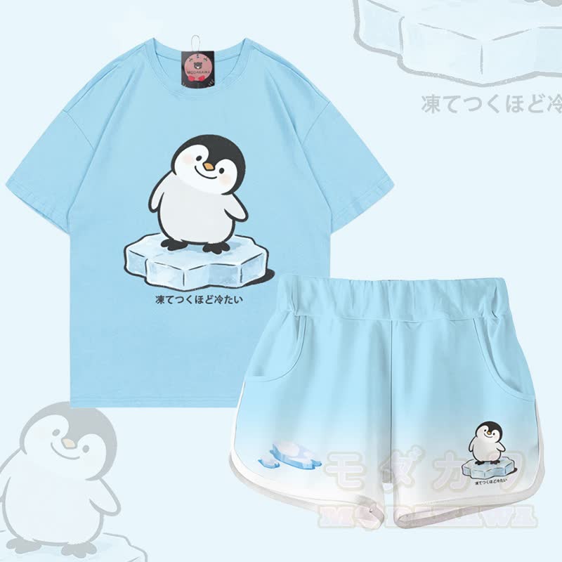 Zweiteiliges Set von Modakawa: T-Shirt mit Pinguin-Motiv aus 100 % Baumwolle, Shorts mit Farbverlauf - Satz A - 5XL - image 1