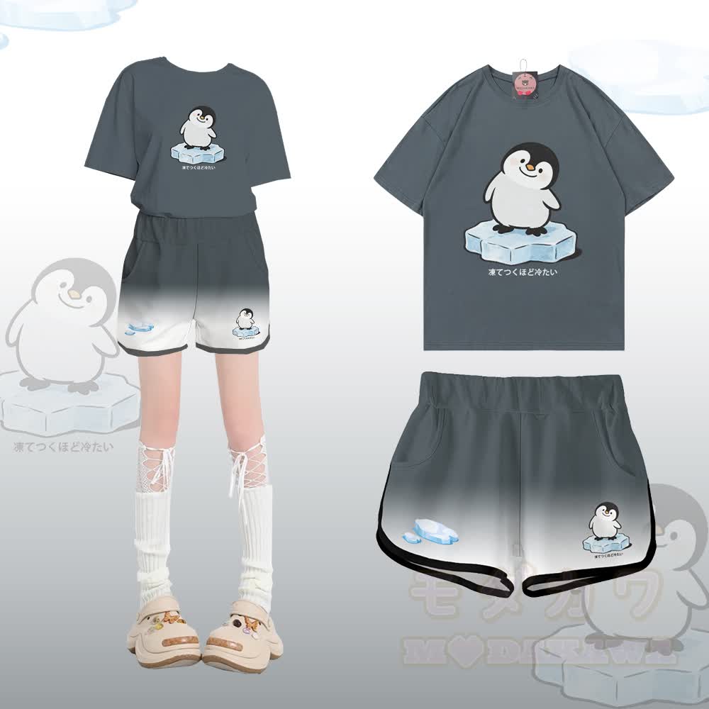 Zweiteiliges Set von Modakawa: T-Shirt mit Pinguin-Motiv aus 100 % Baumwolle, Shorts mit Farbverlauf - Satz B - 5XL - image 2