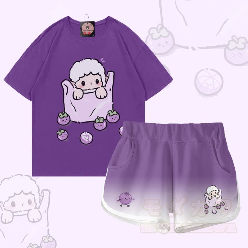 Zweiteiliges Set aus 100% Baumwolle mit Schaf- und Blaubeermotiv, dazu passende Shorts und ein Farbverlauf-Set von Modakawa - Satz B - 5XL - image 2