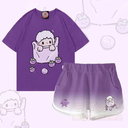 Zweiteiliges Set aus 100% Baumwolle mit Schaf- und Blaubeermotiv, dazu passende Shorts und ein Farbverlauf-Set von Modakawa - Satz B - 5XL - image 2