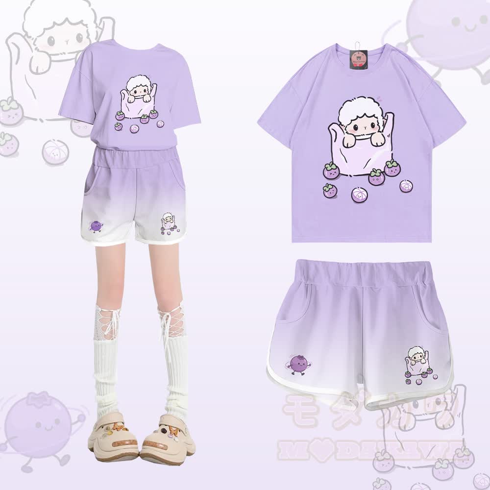 Zweiteiliges Set aus 100% Baumwolle mit Schaf- und Blaubeermotiv, dazu passende Shorts und ein Farbverlauf-Set von Modakawa - Satz A - 5XL - image 1