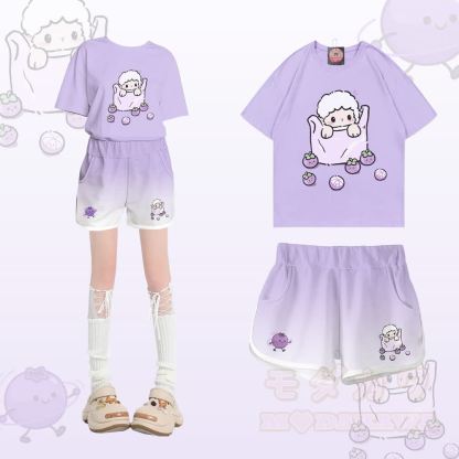 Zweiteiliges Set aus 100% Baumwolle mit Schaf- und Blaubeermotiv, dazu passende Shorts und ein Farbverlauf-Set von Modakawa - Satz A - 5XL - image 1