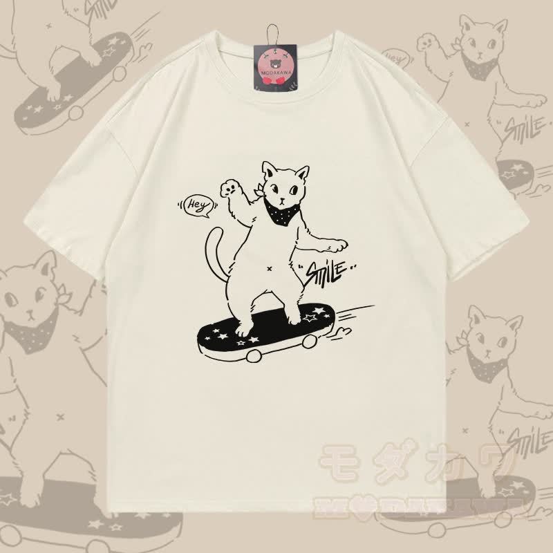 Modakawa T-Shirt mit Skateboard-Katzenmotiv aus 100 % Baumwolle - Hellbeige - 5XL - image 2