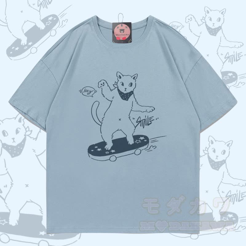 Modakawa T-Shirt mit Skateboard-Katzenmotiv aus 100 % Baumwolle - Hellgraublau - 5XL - image 1