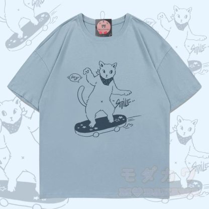 Modakawa T-Shirt mit Skateboard-Katzenmotiv aus 100 % Baumwolle - Hellgraublau - 5XL - image 1