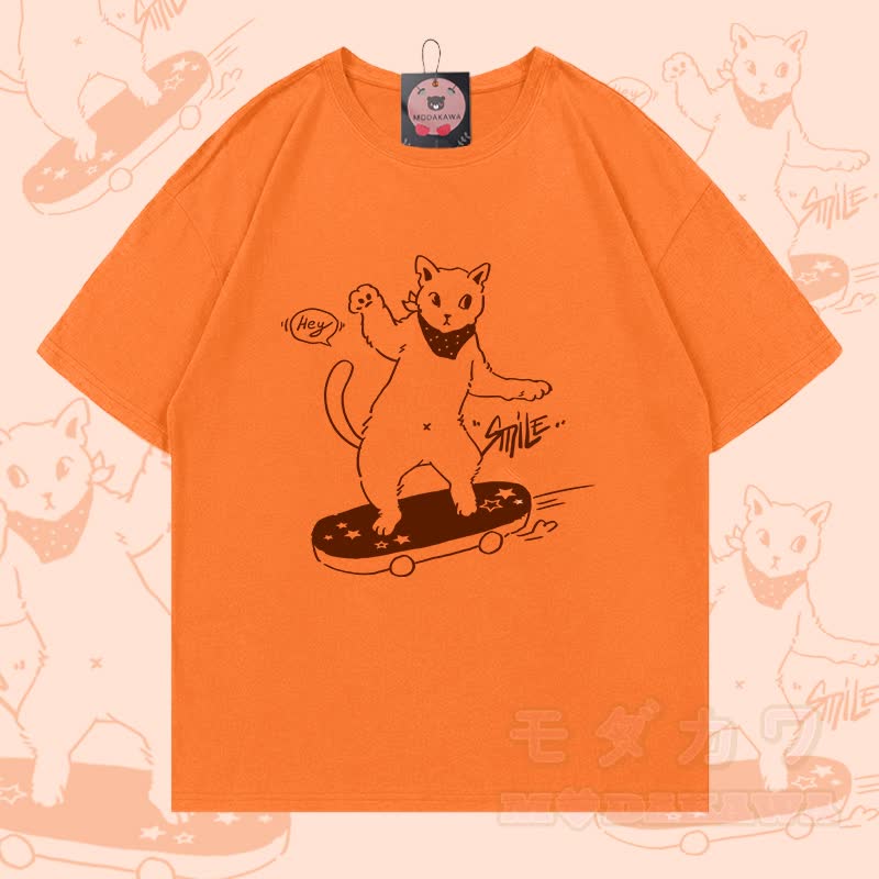 Modakawa T-Shirt mit Skateboard-Katzenmotiv aus 100 % Baumwolle - Orange - 5XL - image 3