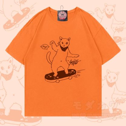 Modakawa T-Shirt mit Skateboard-Katzenmotiv aus 100 % Baumwolle - Orange - 5XL - image 3