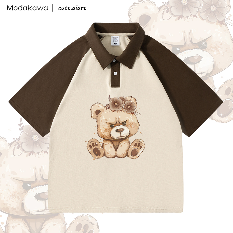 MODAKAWA X cute.aiart Bären-Grafik 100% Baumwolle POLO-T-Shirt - Brown & Apricot - 4XL - image 1