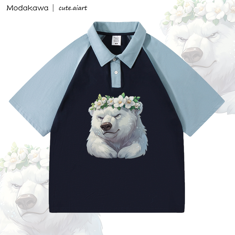 MODAKAWA X cute.aiart Floral Bear Graphic 100% Cotton POLO T-Shirt - Blue & Purplish Blue - 4XL - image 1